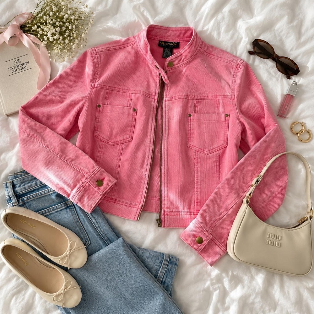 pink moto jacket y2k corduroy long sleeve zip up double front